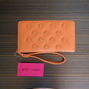 Betsey Johnson Orange Zip Around Wristlet Wallet Skull & Bones